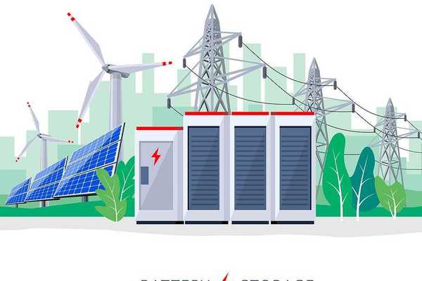 illustration of large rechargeable lithium-ion battery energy storage stationary for renewable electric power station generation.