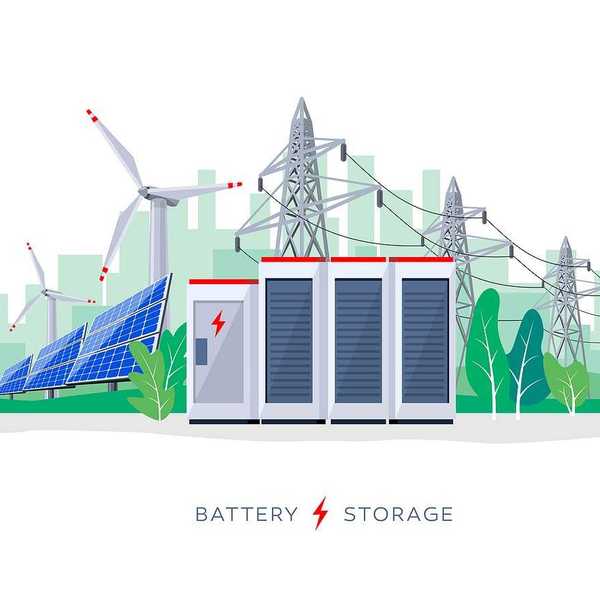 illustration of large rechargeable lithium-ion battery energy storage stationary for renewable electric power station generation.