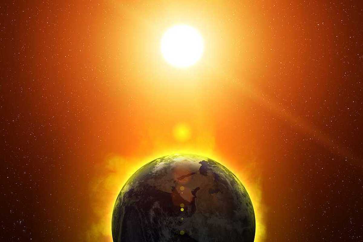 Illustration of sun beating down on an overheating Earth