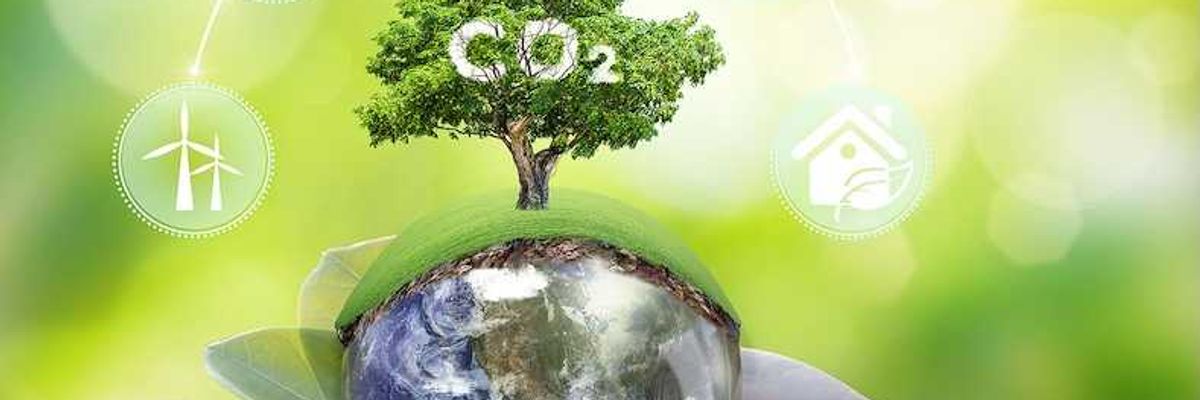 Illustrative concept of earth held in the palm of a hand and sprouting a green tree