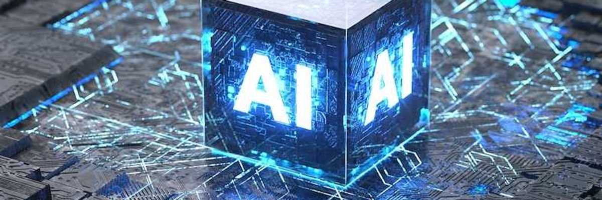 Illustrative example of AI cube as data transport and an also an intrusive entity being "plunked down" on a circuit board representative of a cityscape