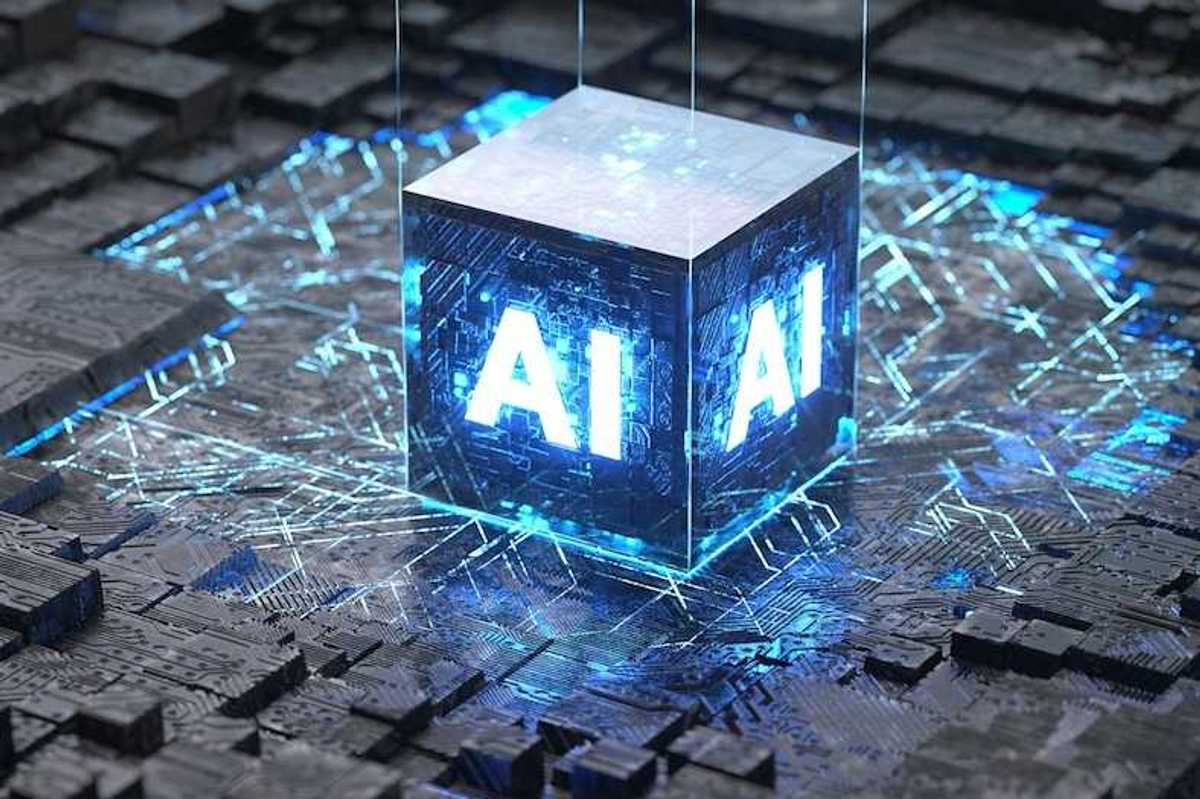 Illustrative example of AI cube as data transport and an also an intrusive entity being "plunked down" on a circuit board representative of a cityscape