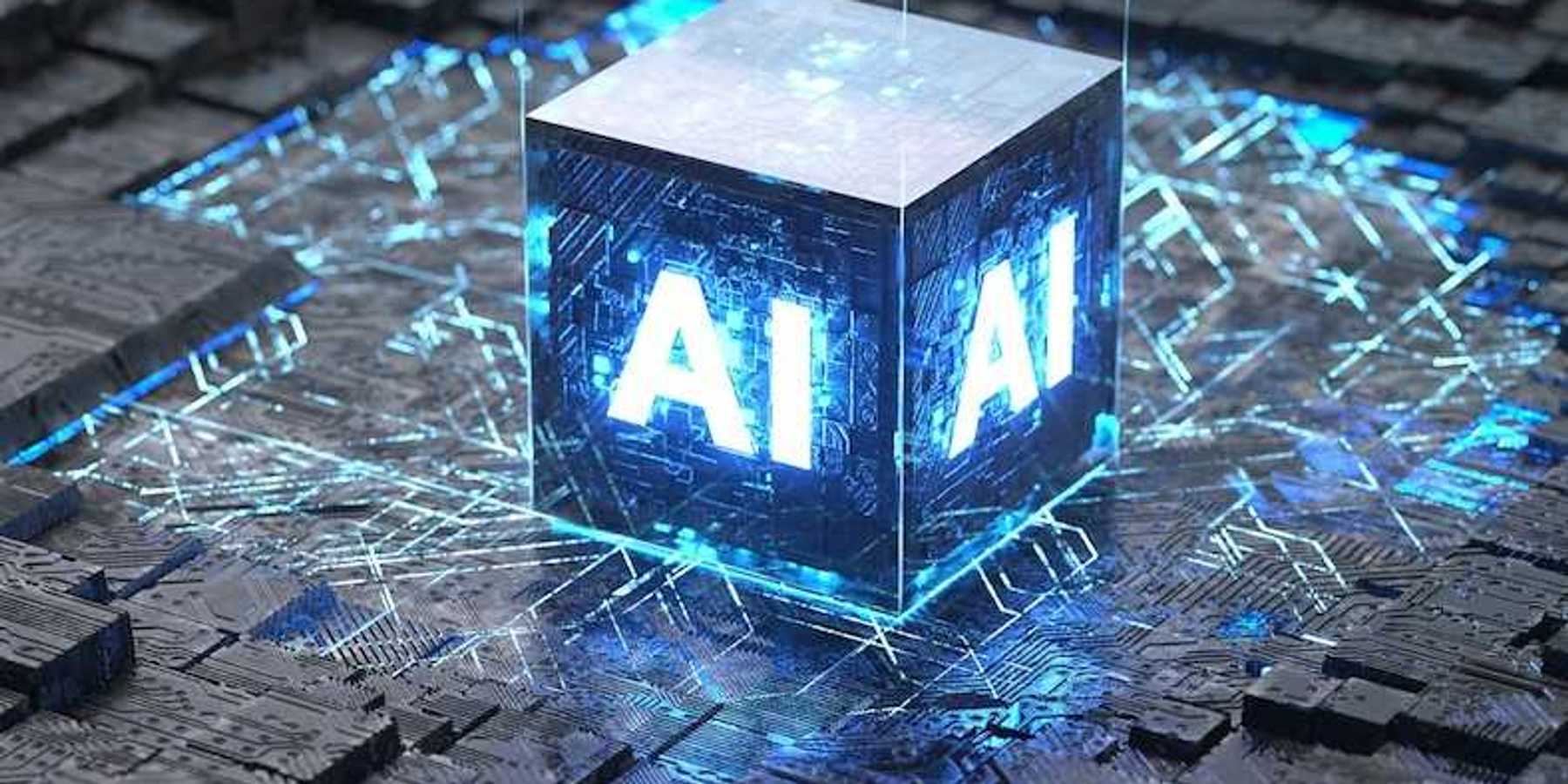 Illustrative example of AI cube as data transport and an also an intrusive entity being "plunked down" on a circuit board representative of a cityscape