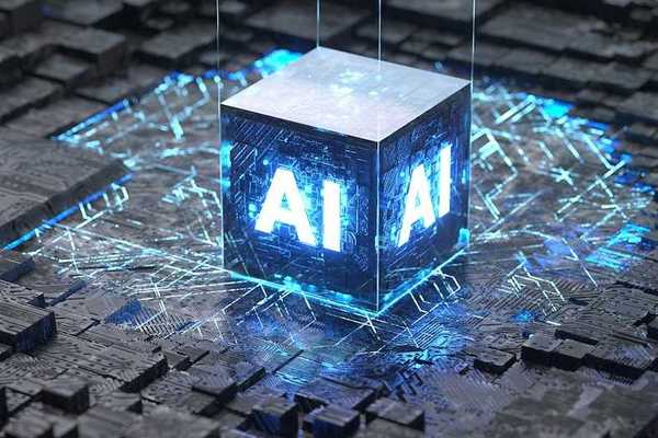 Illustrative example of AI cube as data transport and an also an intrusive entity being "plunked down" on a circuit board representative of a cityscape