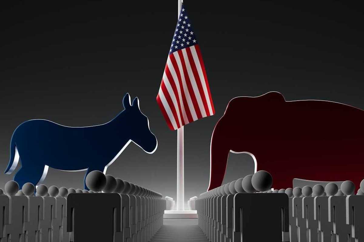 Image of a blue donkey facing off with a red elephant with an American flag in between