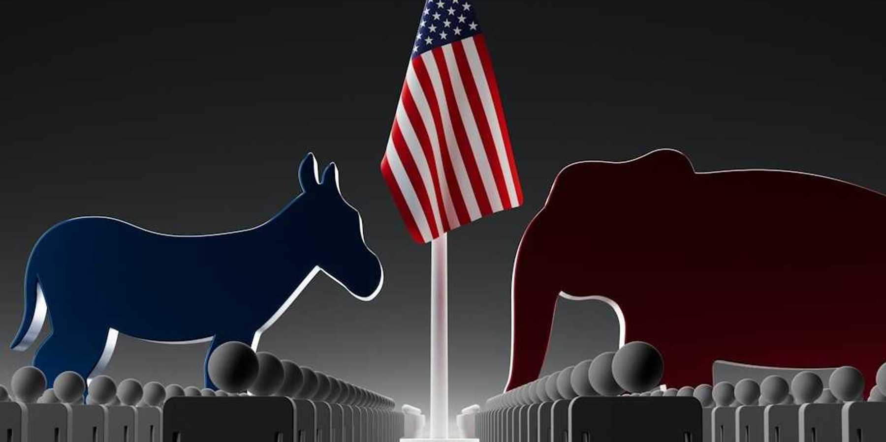 Image of a blue donkey facing off with a red elephant with an American flag in between