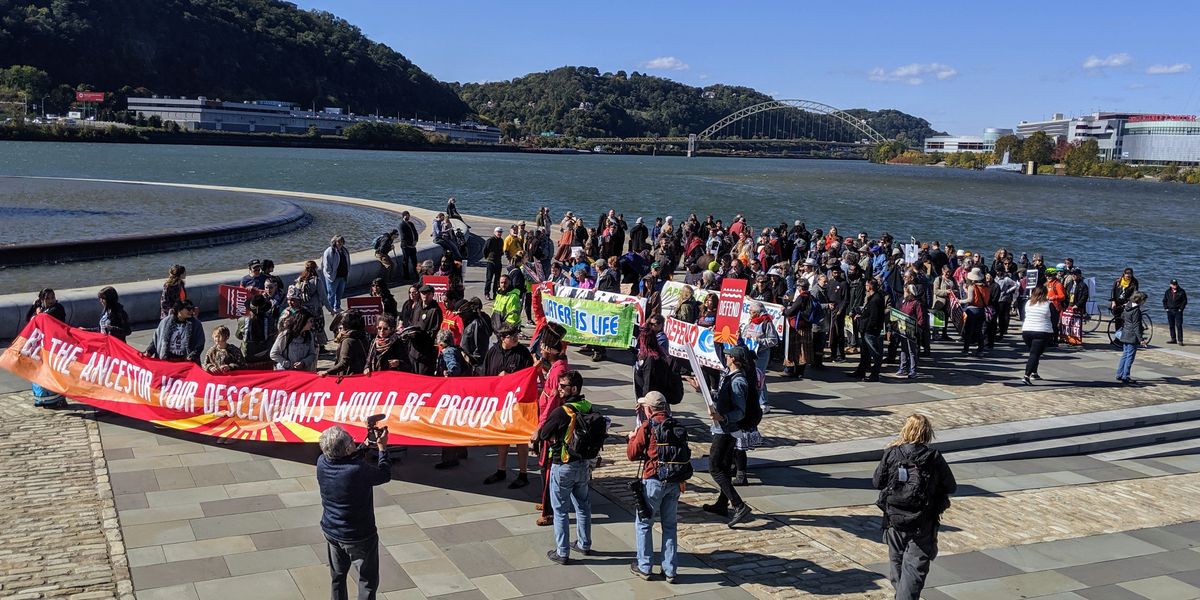 Union workers and tribal leaders protest Trump’s support of fracking in Pennsylvania