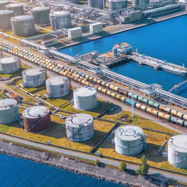 Import/export shipping terminal intersected by a rail line stacked with railroad tanker cars for liquid transport