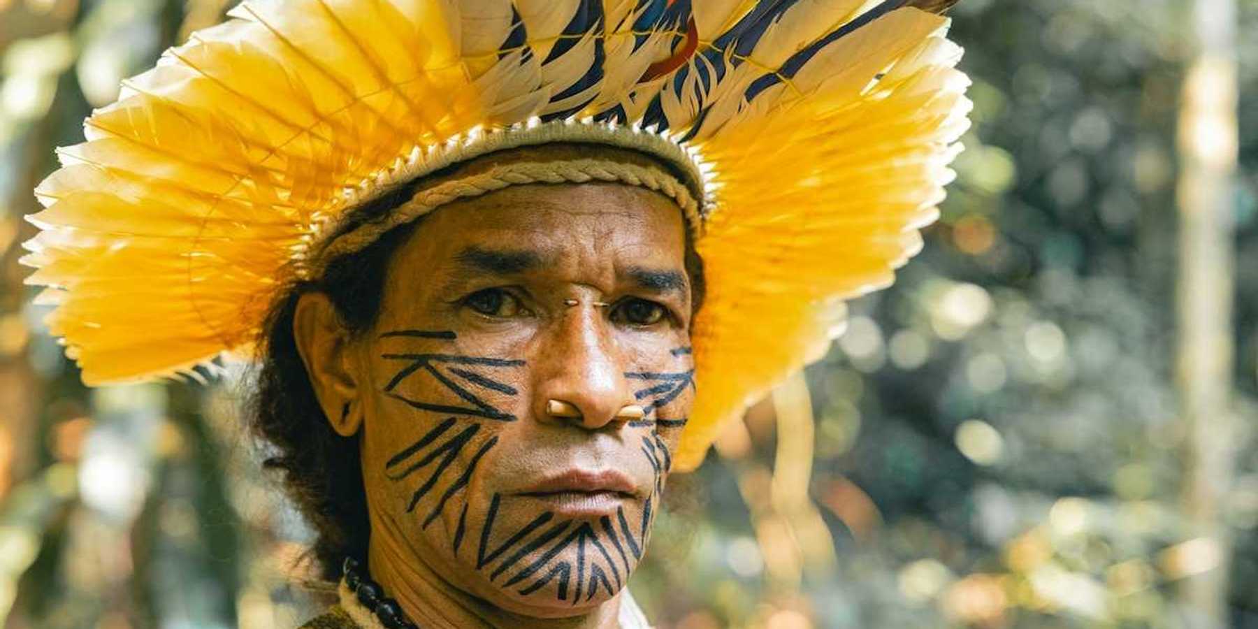 Indigenous Amazonian tribesman wearing yellow feathered headress