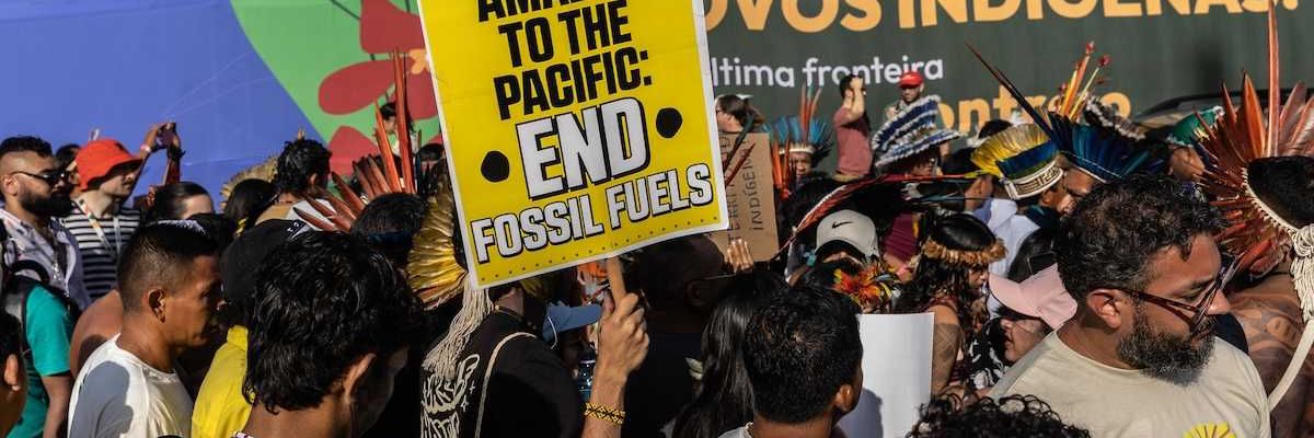 Indigenous protesters take part on a demonstration at COP30 in Belém, Brazil