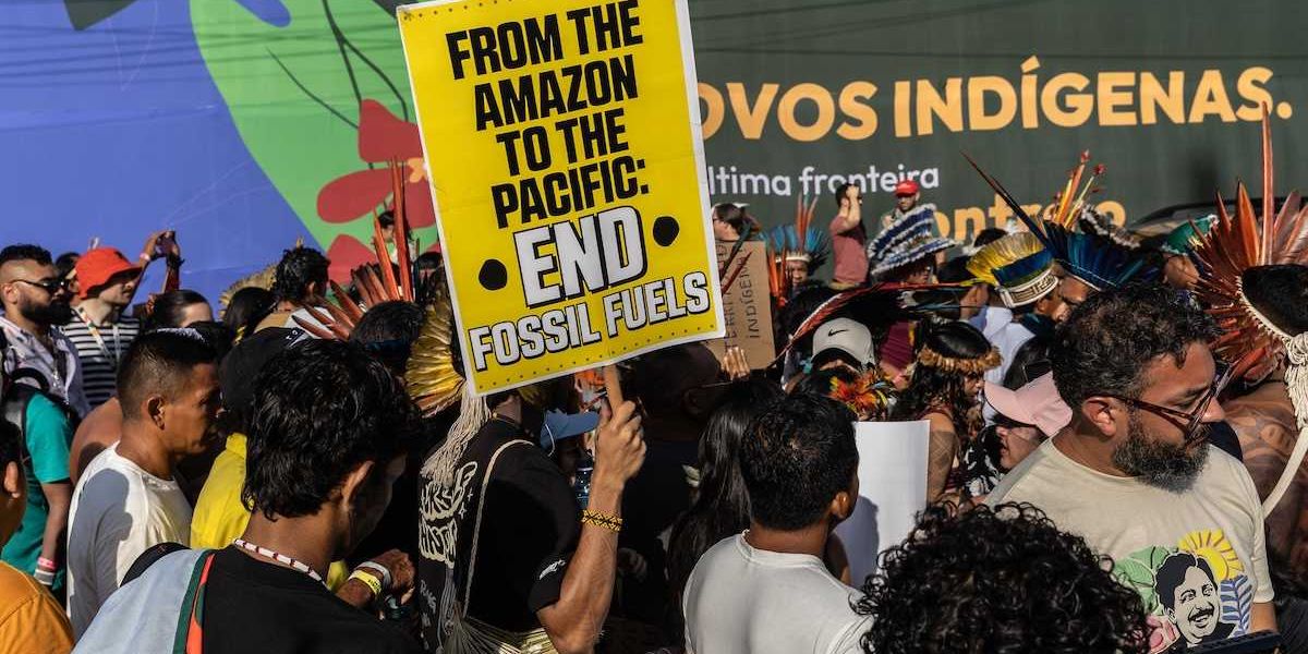 Indigenous protesters take part on a demonstration at COP30 in Belém, Brazil