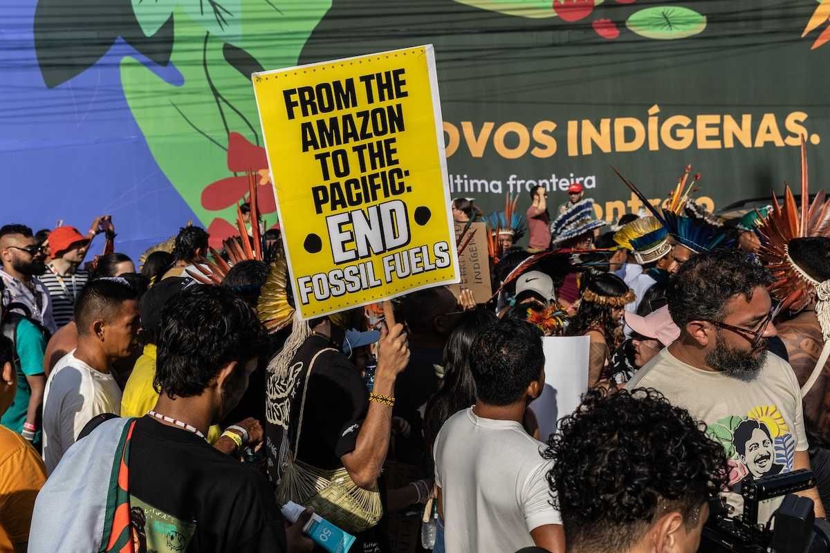 Indigenous protesters take part on a demonstration at COP30 in Belém, Brazil