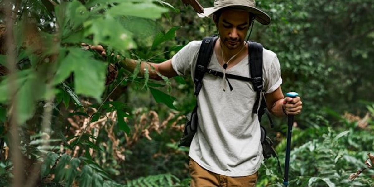 Indonesian man walking through a green forest.