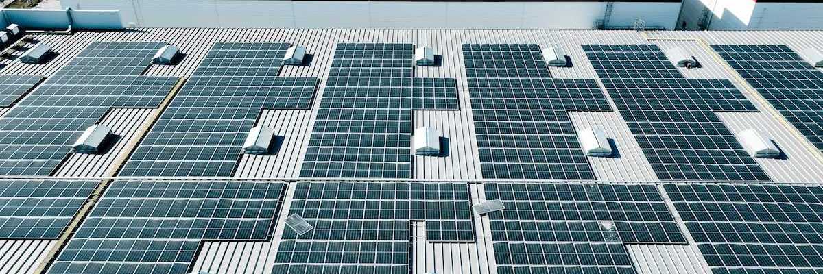 Industrial warehouse covered with solar panels