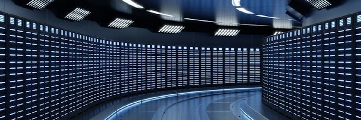 Interior of a data center with rows of servers