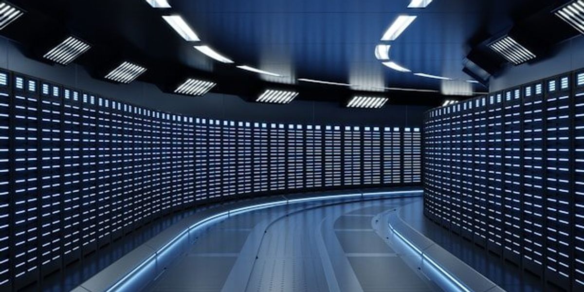 Interior of a data center with rows of servers