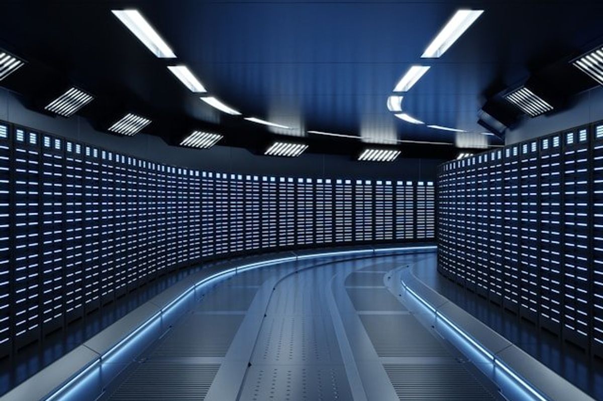 Interior of a data center with rows of servers