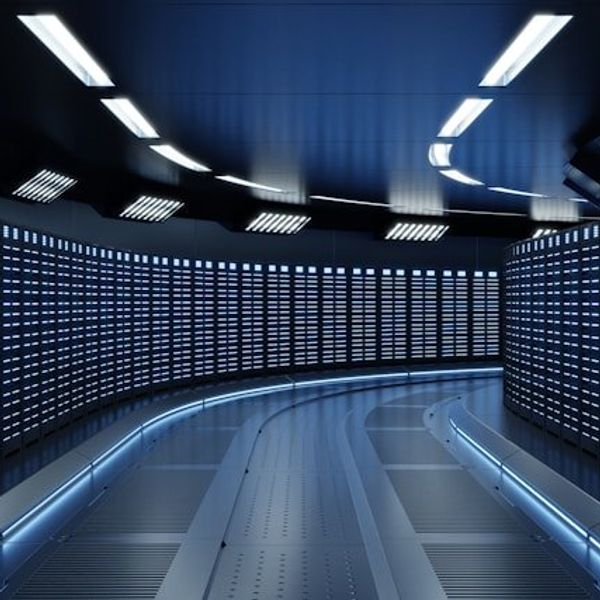 Interior of a data center with rows of servers