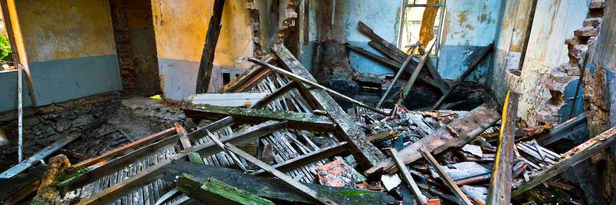 interior of partially collapsed and burned-out structure
