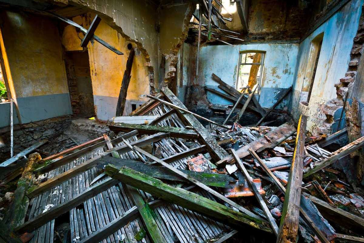 interior of partially collapsed and burned-out structure