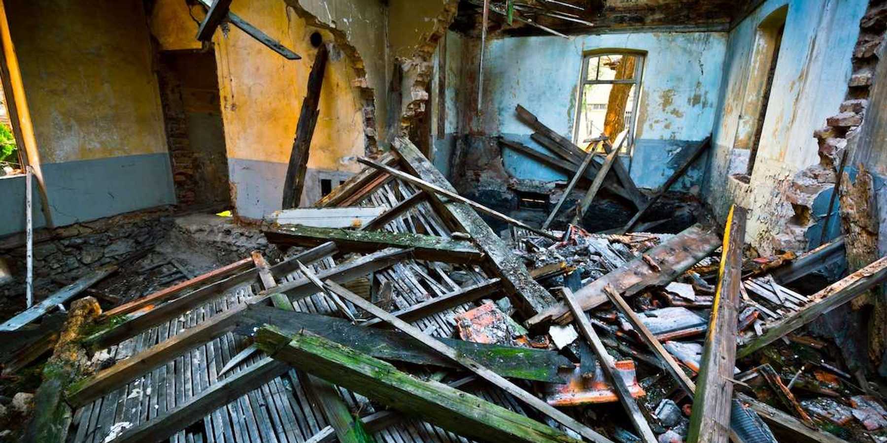 interior of partially collapsed and burned-out structure