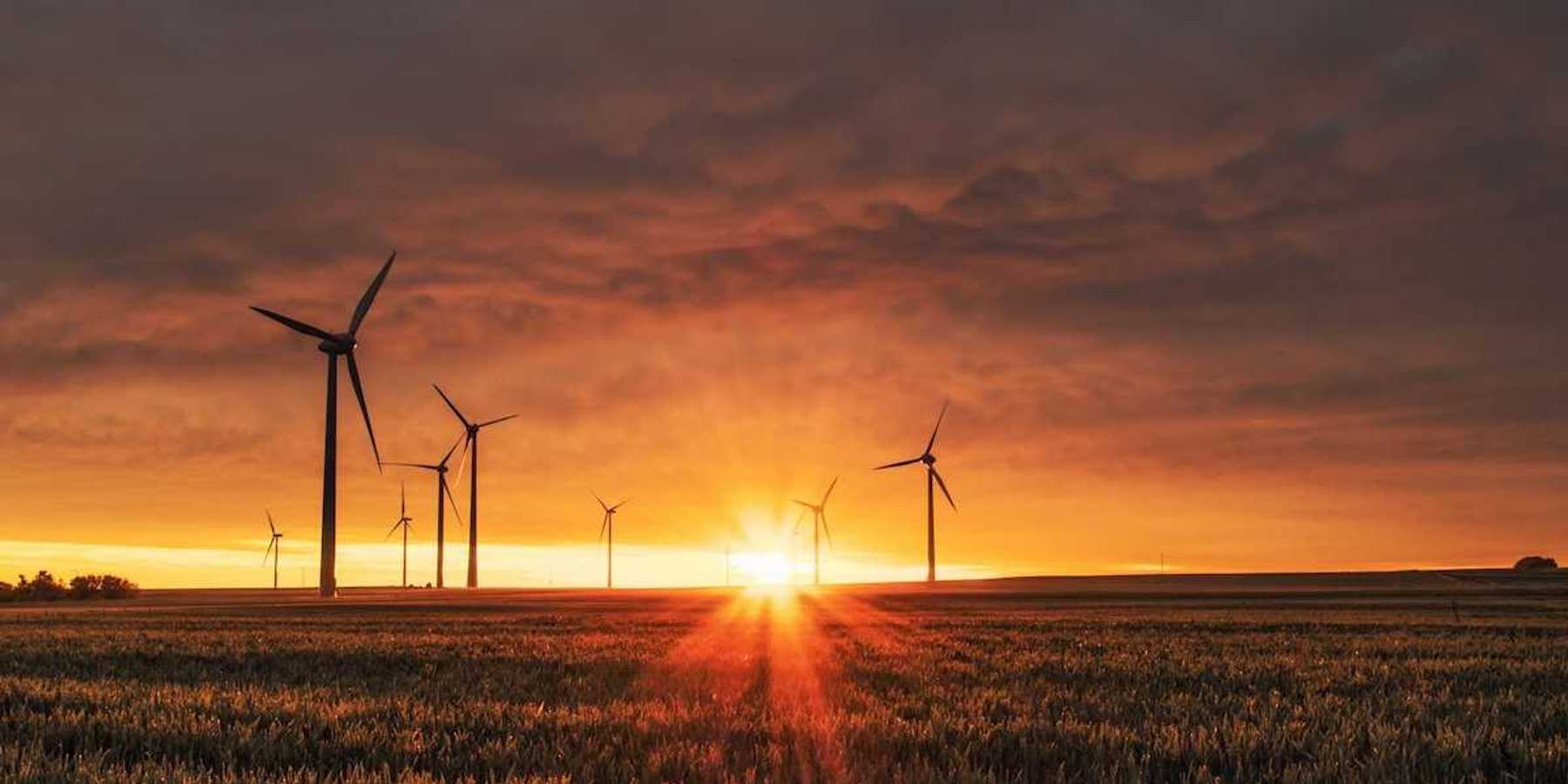 Land-based wind turbines against a rising sun