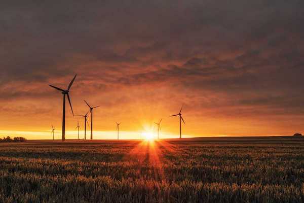 Land-based wind turbines against a rising sun