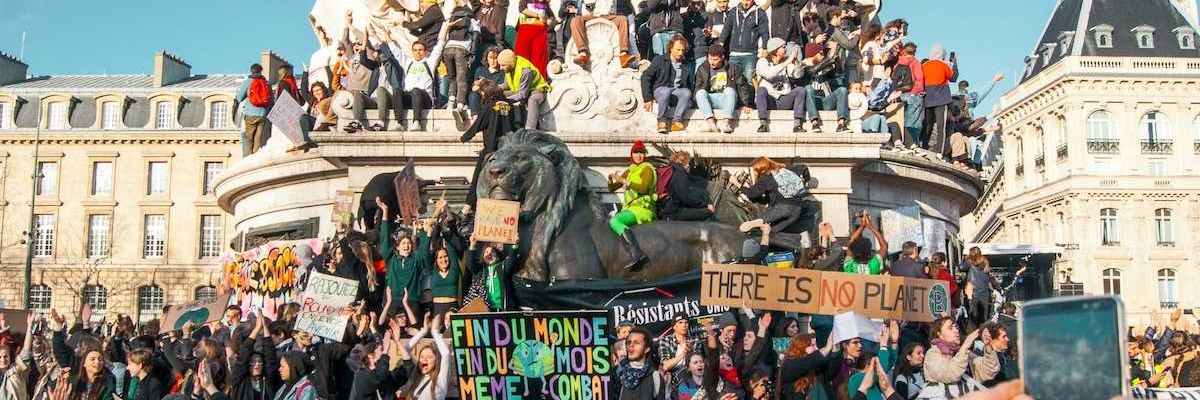 Large crowd gathered at the Place de la République, Paris, France for climate protest