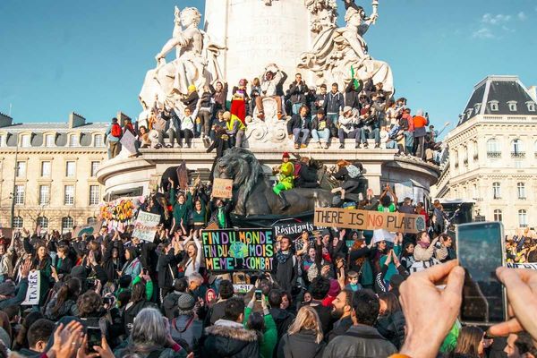 Large crowd gathered at the Place de la République, Paris, France for climate protest