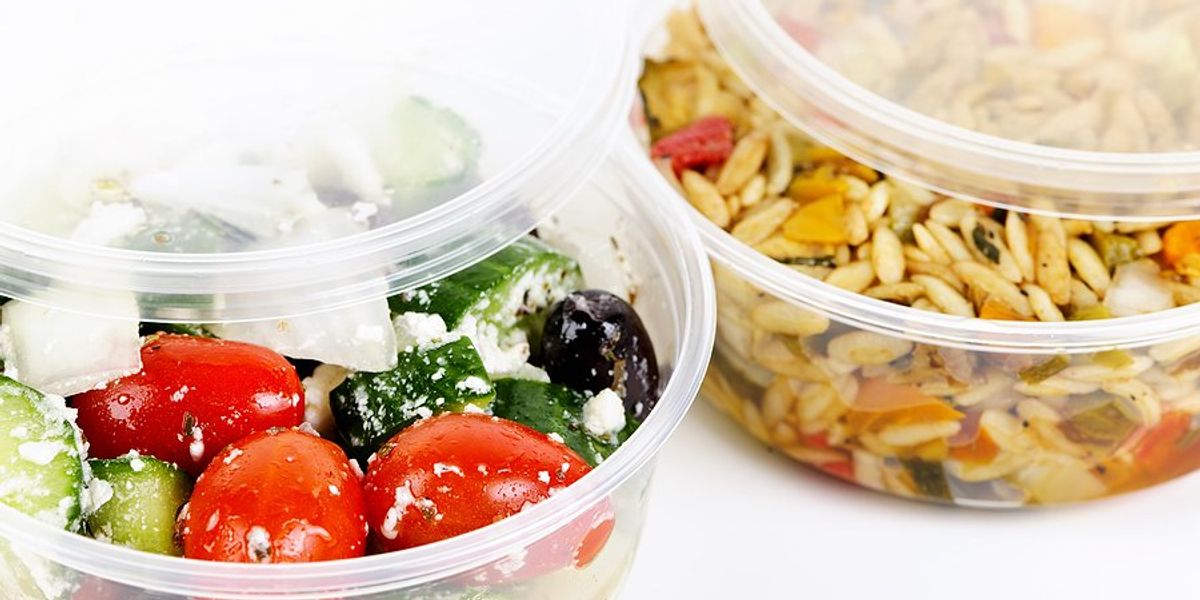 Leftovers stored in clear plastic dishes.