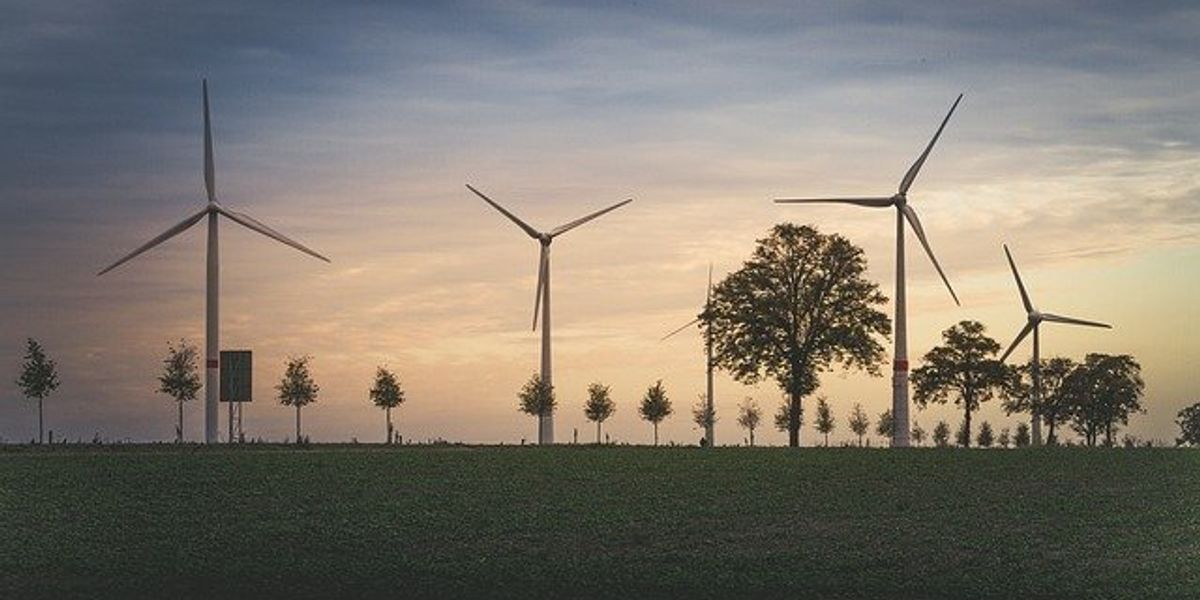 Line of wind turbines stretching into the distance.