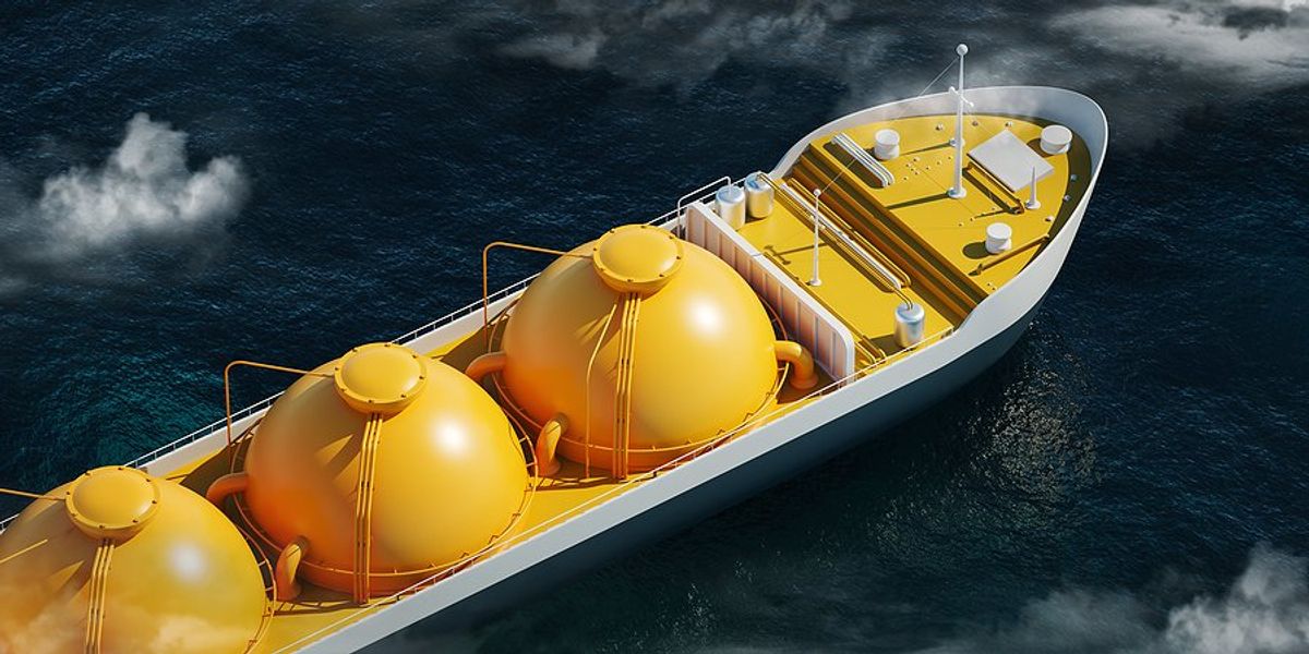 LNG tanker with bright yellow tanks viewed from above.