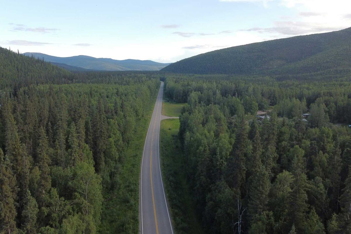 Long highway through a dense forest landscape