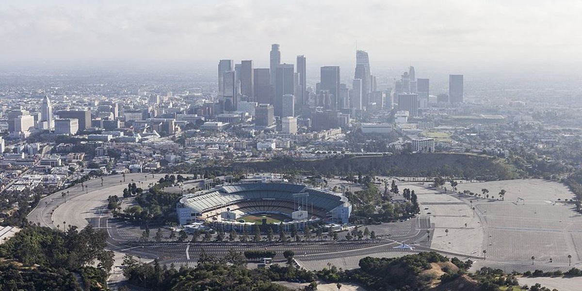 Los Angeles skyline with haze.