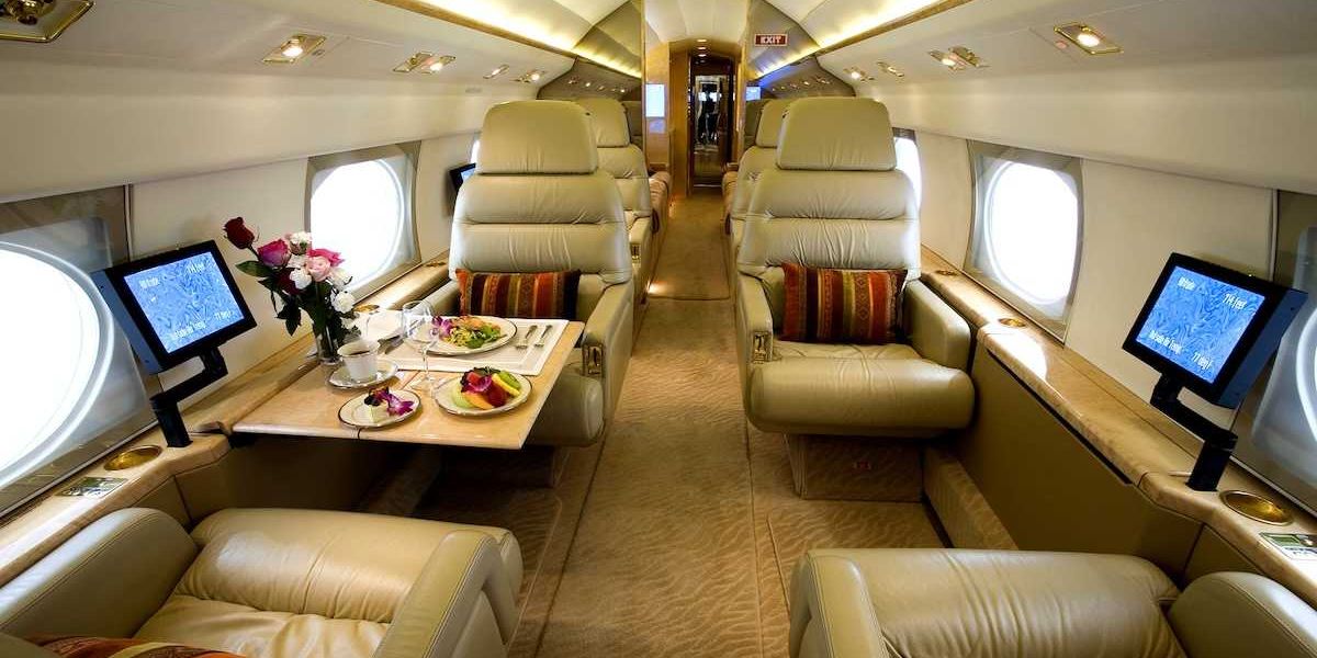 Luxury interior of a private gulfstream jet with large cabin aircraft
