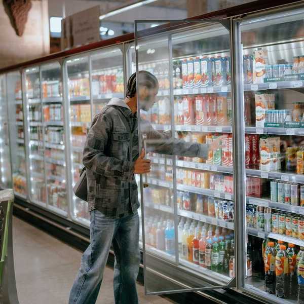 Man reaching into a supermarket refrigeration cooler for a carton of milk