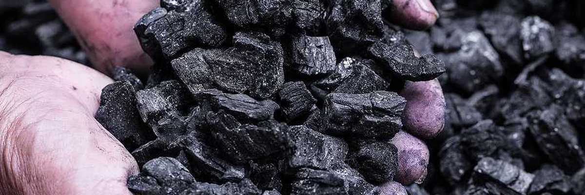 Man's hands holding coal against a background of black coal