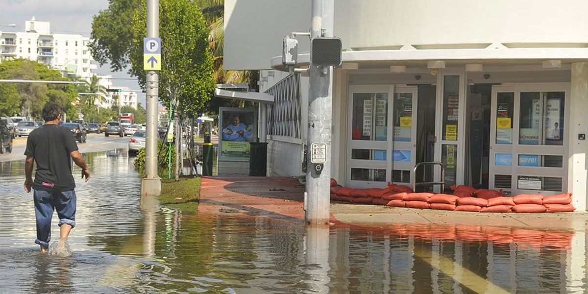 Man walking on flooded Florida street