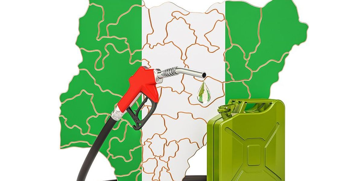 Map of Nigeria with a gas tank and gas pump overlayed on it.