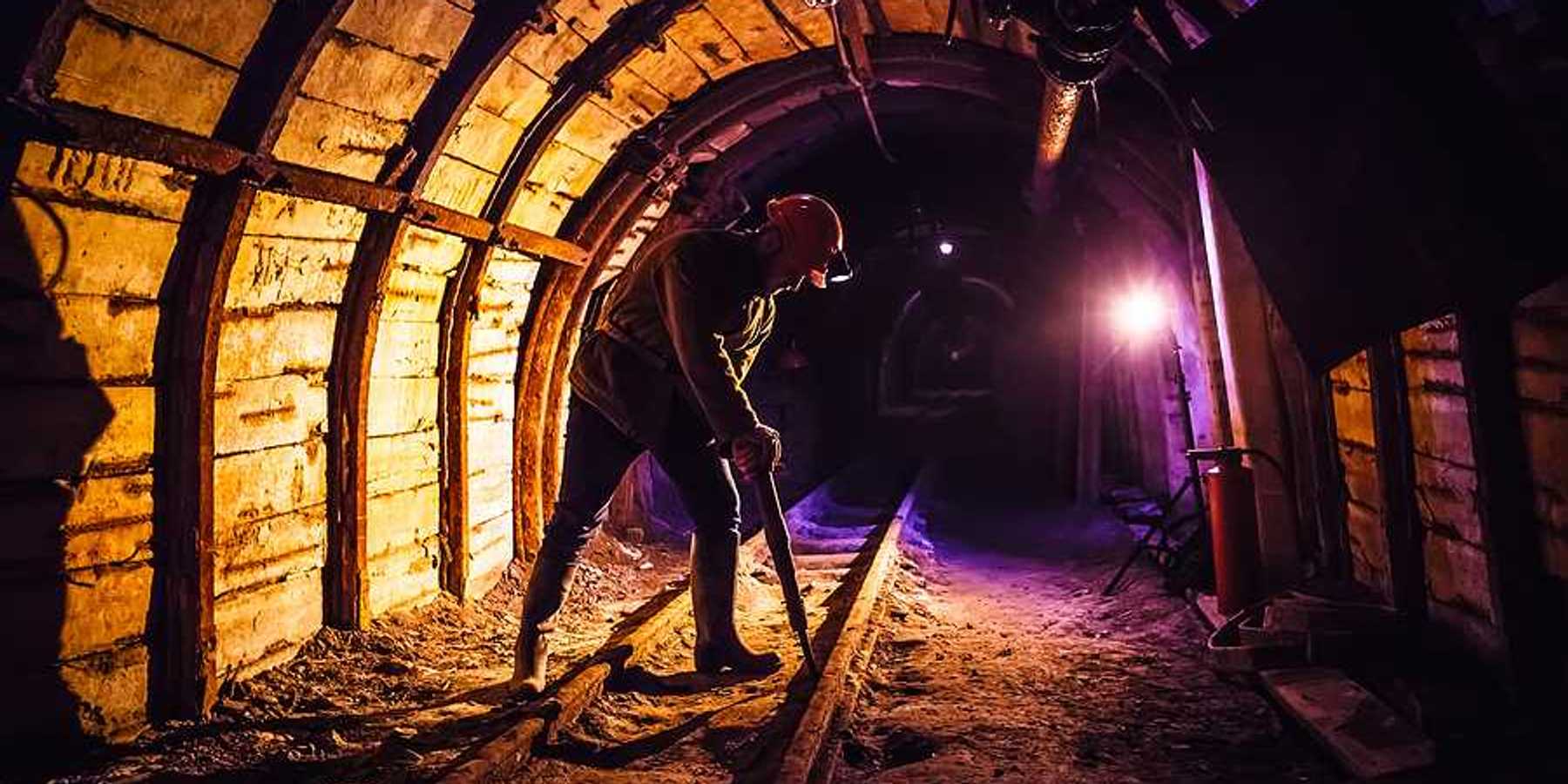 Miner working a jackhammer in a coal mine.