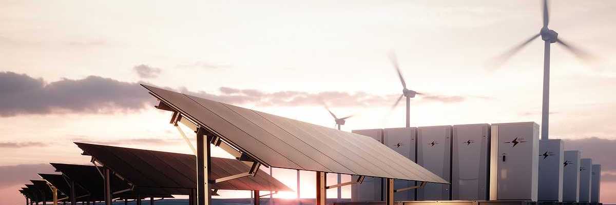 Modern, aesthetic and efficient dark solar panel panels, a modular battery energy storage system and a wind turbine system in warm light. 3D rendering.