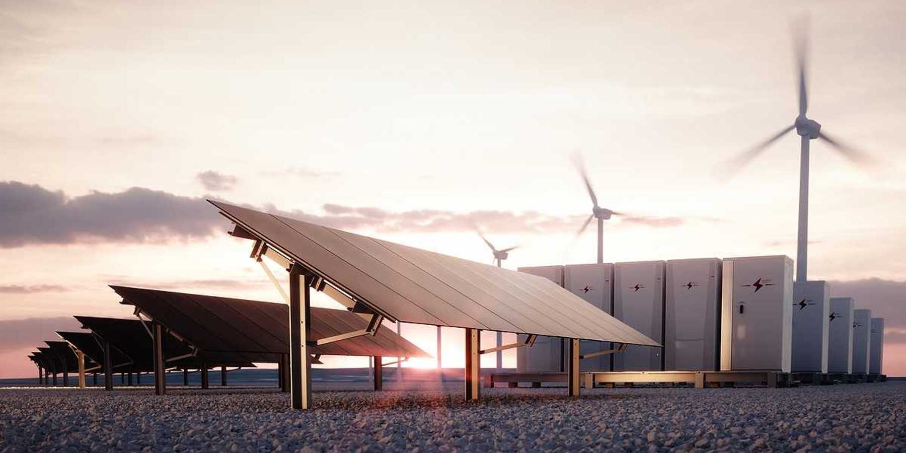Modern, aesthetic and efficient dark solar panel panels, a modular battery energy storage system and a wind turbine system in warm light. 3D rendering.