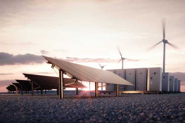 Modern, aesthetic and efficient dark solar panel panels, a modular battery energy storage system and a wind turbine system in warm light. 3D rendering.
