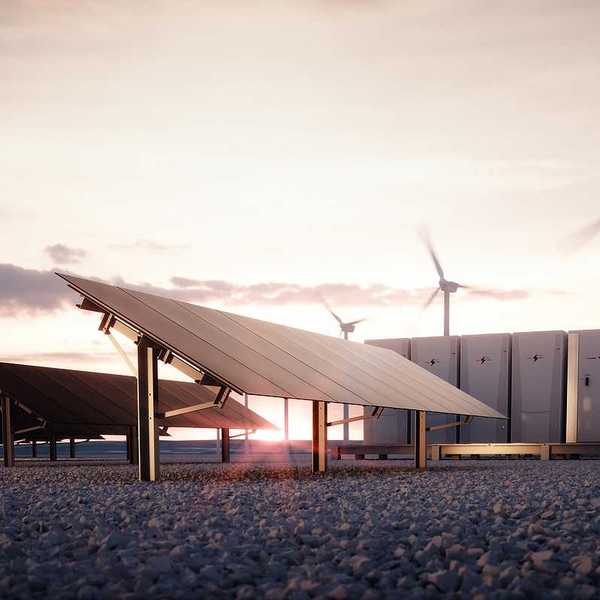 Modern, aesthetic and efficient dark solar panel panels, a modular battery energy storage system and a wind turbine system in warm light. 3D rendering.