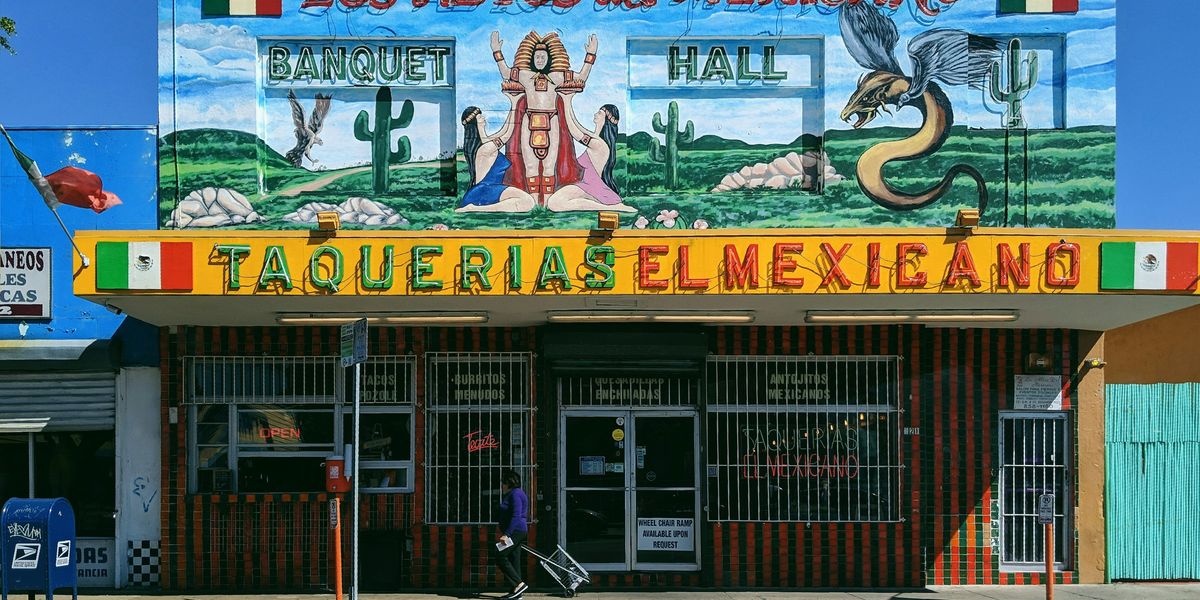 multicolored taquerias el mexicano storefront.
