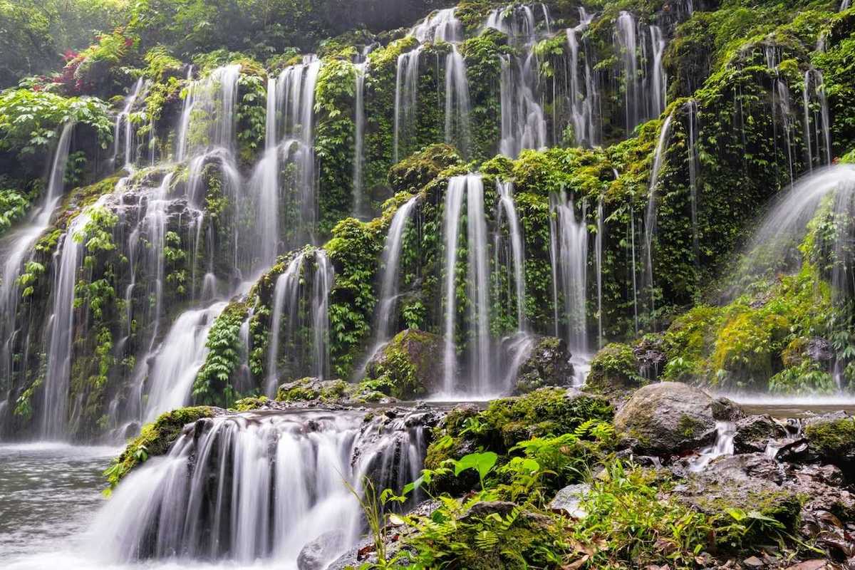 Multiple cascading waterfalls in Bali. Banyu Wana Amertha Waterfall, Wanagiri, Buleleng Regency, Bali, Indonesia