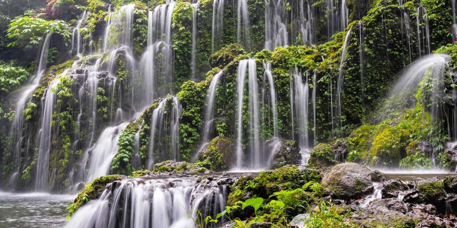 Multiple cascading waterfalls in Bali. Banyu Wana Amertha Waterfall, Wanagiri, Buleleng Regency, Bali, Indonesia