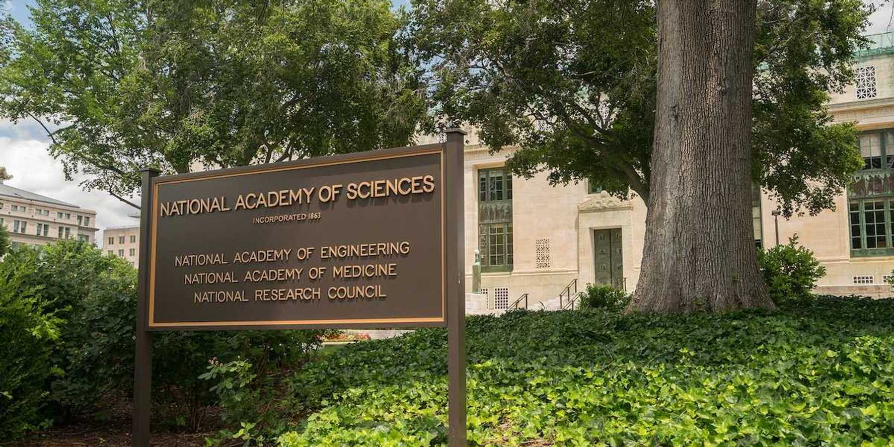 National Academy of Sciences sign outside federal building in Washington DC