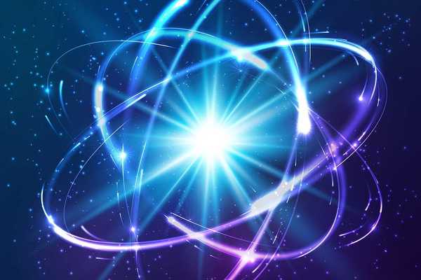Neon lights depicting a cosmic atom model representing nuclear fusion