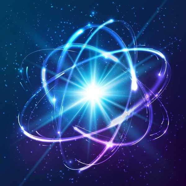 Neon lights depicting a cosmic atom model representing nuclear fusion
